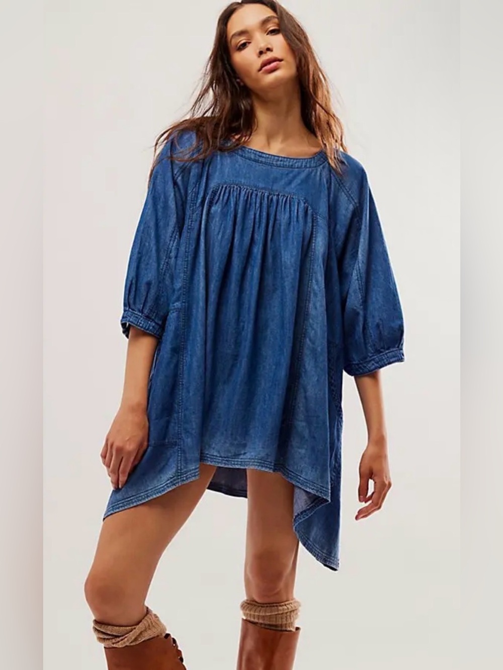 Free People Memories of You Washed Blue Denim Tunic Top/Dress. Size XS